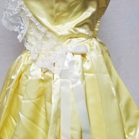 1950s Vintage Yellow Ruffle Satin Lace Bow Full Skirt Maxi Antebellum Dress S - Picture 8 of 10